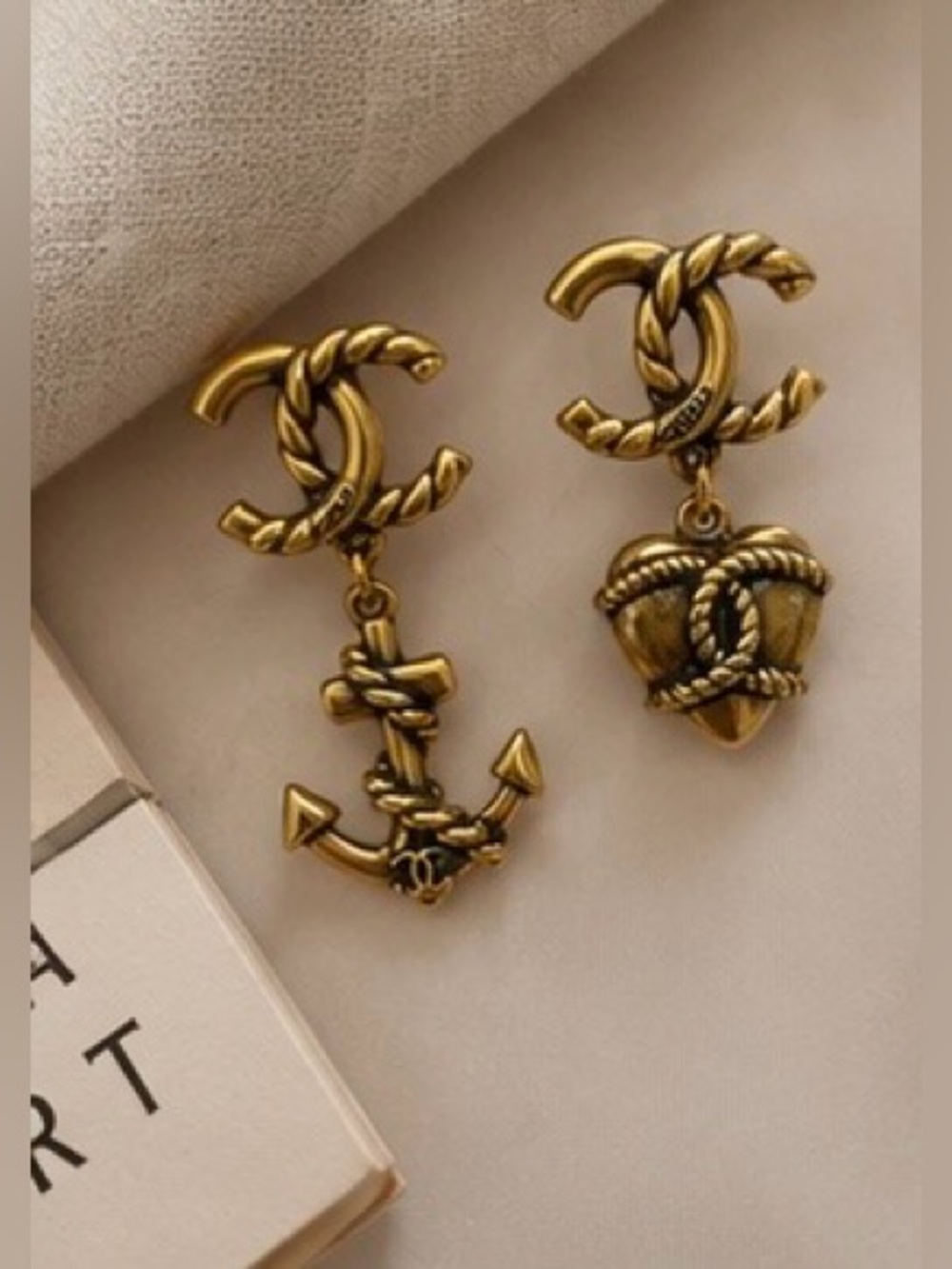 Vintage Inspired Gold Tone Nautical Mismatched Anchor & Heart Drop Earrings - Picture 4 of 10